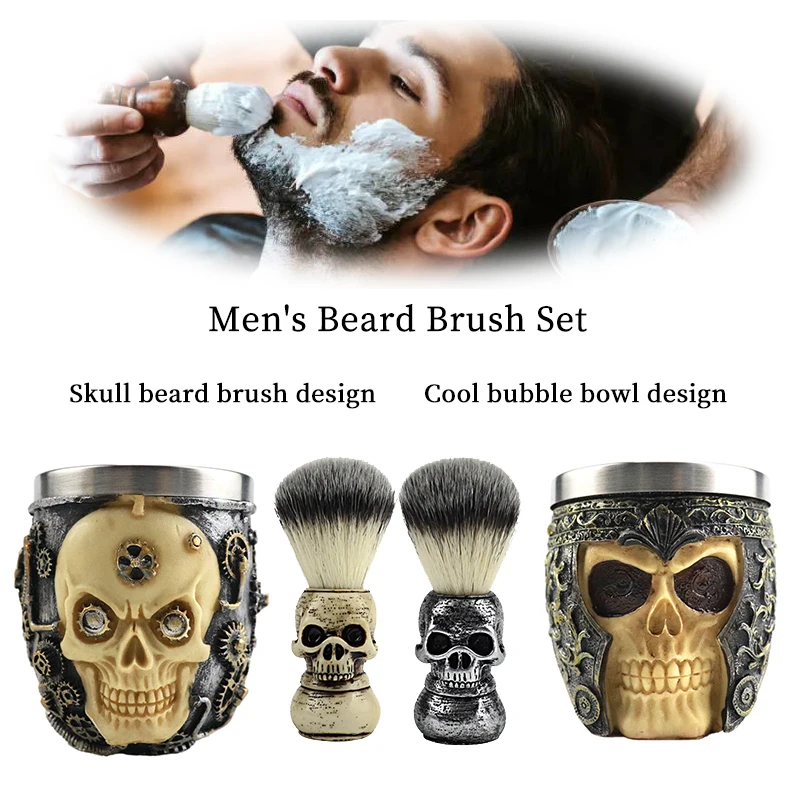 

Fiber resin handle beard shaving brush personality skull beard brush set, stainless steel bubbling bowl men's shaving set gift
