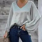 Женская атласная блузка с V-образным вырезом, с длинным рукавом