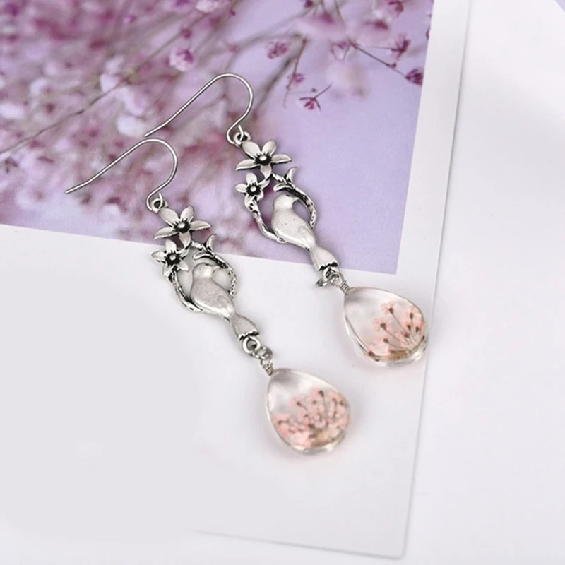 Элегантные богемные серьги Натуральные сушеные цветы птица длинные