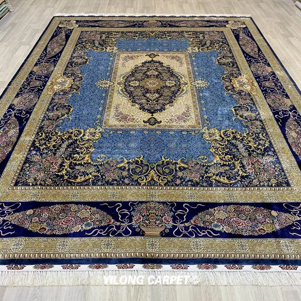 Beste Yilong 9 'X 12' Handgeweven Traditionele Turkse Tapijten Prachtige Perzische Blauwe Zijde Tapijt (TJ128A)