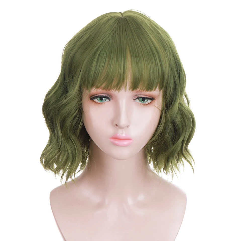 AILIADE Short Synthetic Wigs with Bangs for Women Green Orange Water Wave Bob Wigs Heat Resistant Lolita Cosplay False Hair