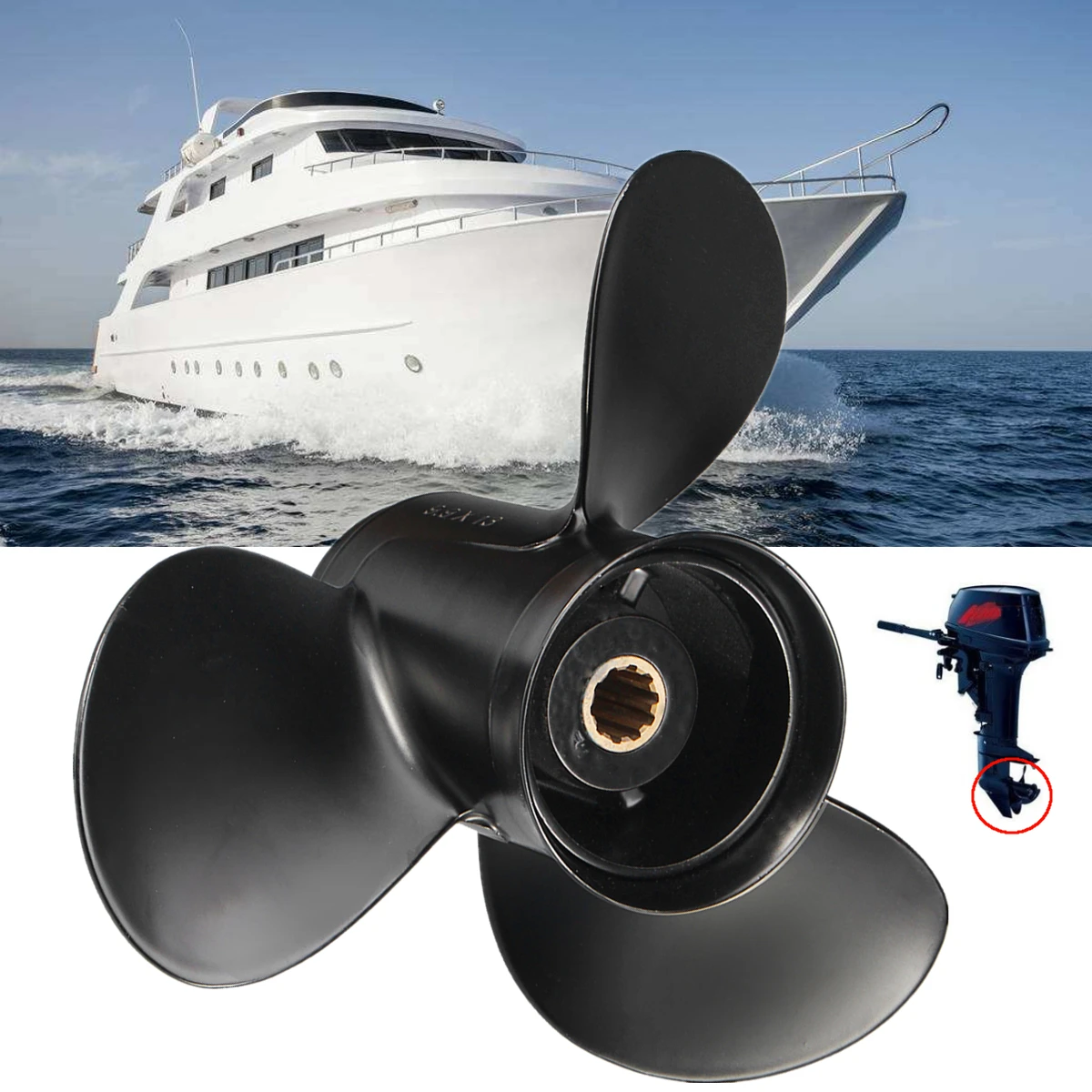 48-19640A40 Aluminum Alloy 9.9 x 13 Mariner Boat Outboard Propeller For Mercury Engine 25-30HP Black 13 Spline Tooth 3 Blades