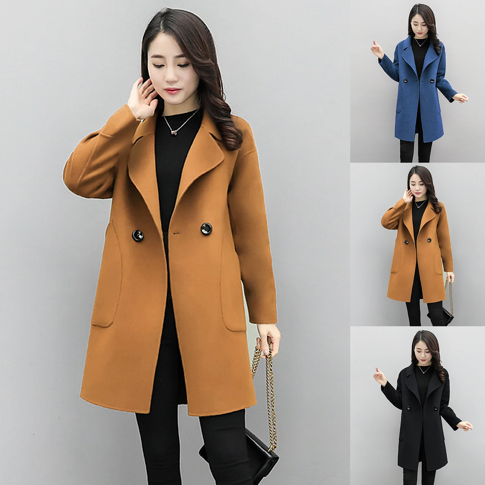 

Women Autumn Winter Solid Color Pocket Button Mid-length Coat Slim Overcoat Winter Solid Color Single Breast Mid-length Jacket