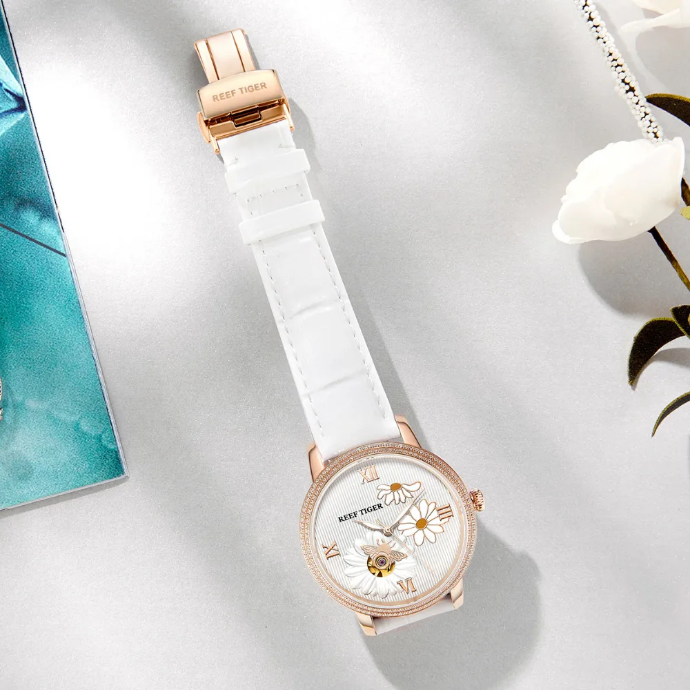 

Reef Tiger/RT Brand Luxury Fashion Watch Women Automatic Watch Rose Gold Genuine Leather Strap Watch Reloje Mujer RGA1585