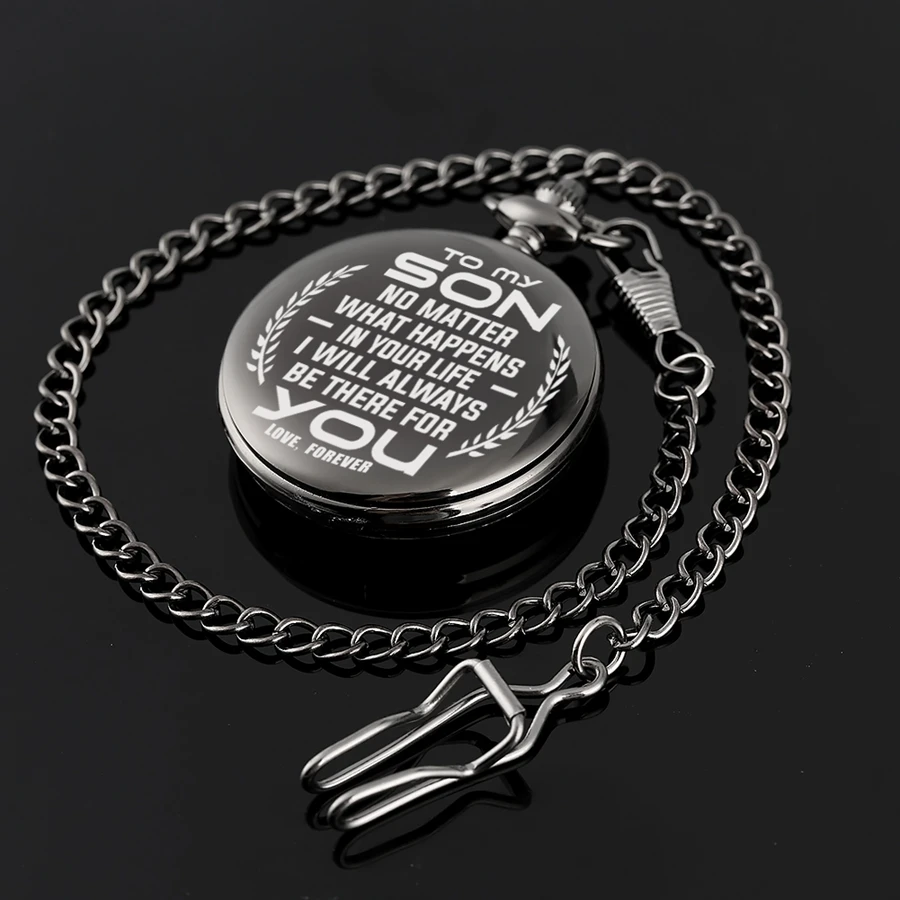 

Accept Customized "To My Son" Engraved Greeting Quartz Pocket Watch Retro Black Chain Jewelry Birthday Souvenir Gifts to Son Kid