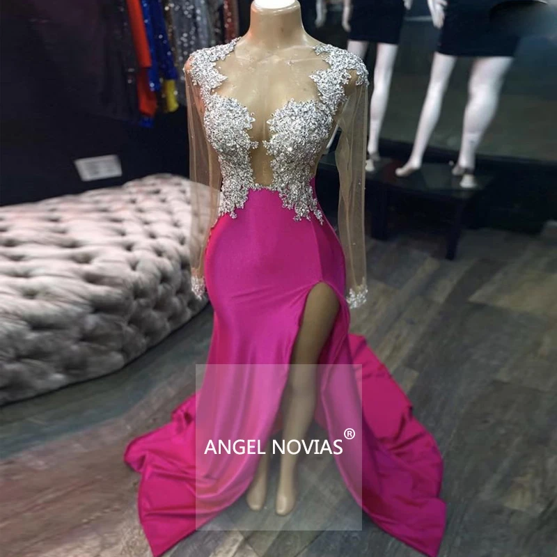 

ANGEL NOVIAS Long Sleeve Sheer Mermaid Evening Rose Red Prom Dresses 2020 Beaded Party Reception Gown Arabic Aso