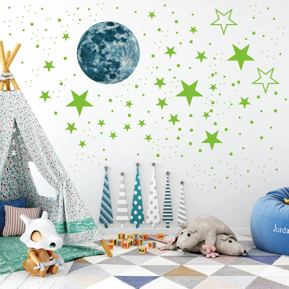 

30cm Moon 435pcs Stars Dots Green Luminous Wall Sticker Children Room Ceiling Stairs Decoration Fluorescent Mural Decals