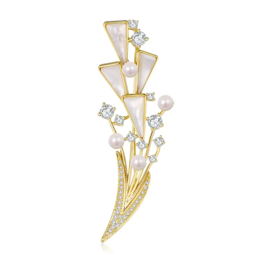 New Design Zircon Floral Women Brooch Pins Gold Copper Luxury Coat Accessories Natural Pearl Decorative Femme Dress Pin Jewelry