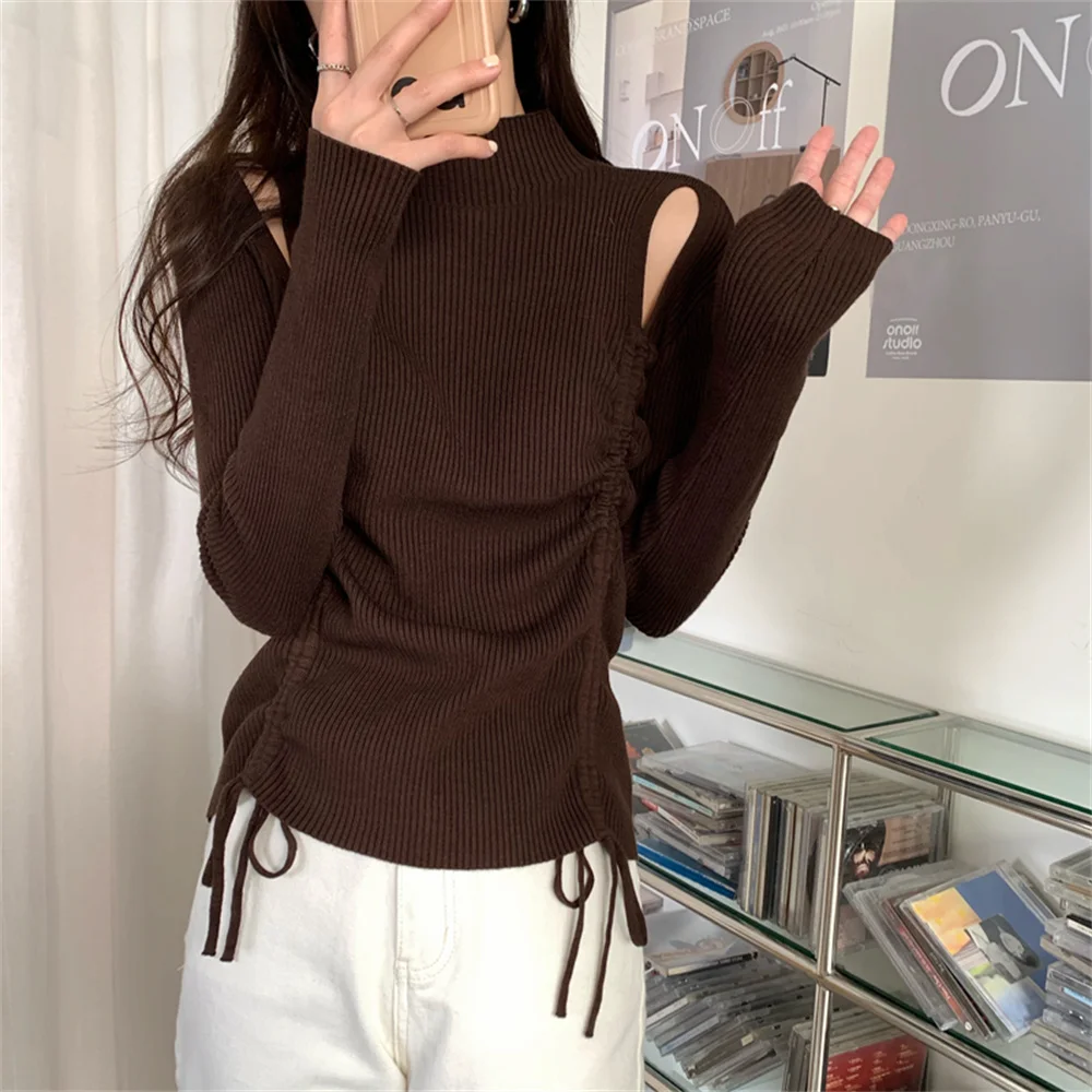 

Knitted Thicken Bottom Casual Women Drawstring Sweaters 2021 New Off Shoulders Slim Stylish Solid Pullover Jumpers