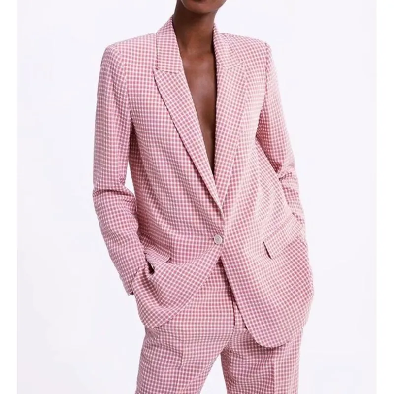 Женский офисный Блейзер на одной пуговице розовый клетчатый пиджак с вырезами