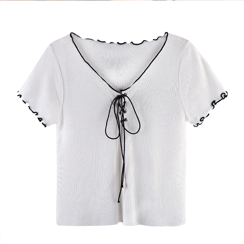 

Women Clothing Short Sleeve T-Shirts sexy strappy Bandage V-Neck Summer Tee solid color slim slimming Casual Lady 2021 T-Shirt