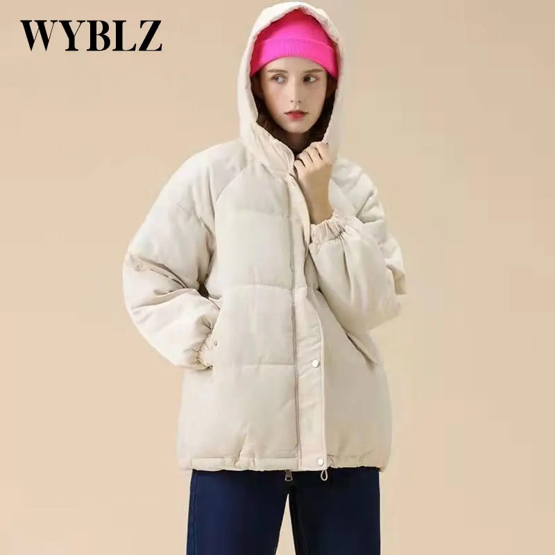 WYBLZ Loose Padded Hooded Coat Female Elegant Casual Solid Thicken Short Cotton Jacket Korean Winter Jackets for Women 2021