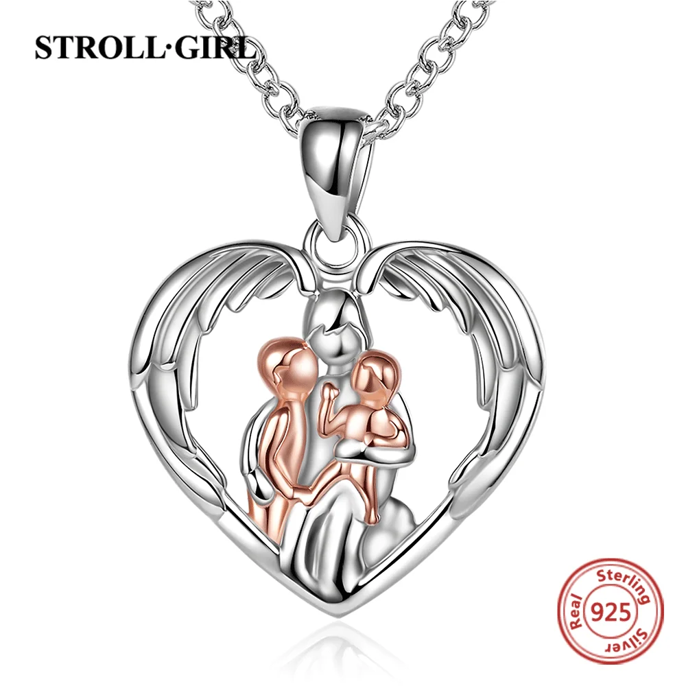 Mom Hugged-cadena con colgante para bebé, Collar de plata de ley 925 con alas de Ángel y corazón, oro rosa, joyería para el día de la madre