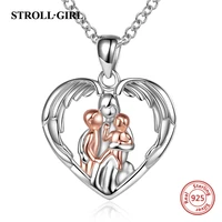 mom hugged two kids baby pendant chain 925 sterling silver heart angel wings rose gold necklace for women mothers day jewelry