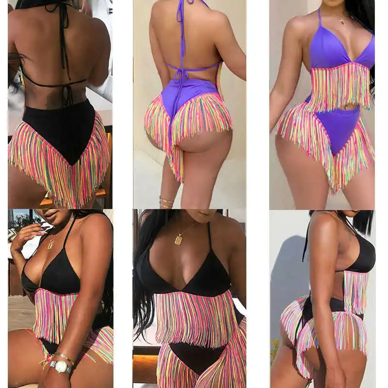 

2019 New Women Summer Sexy Bandage Tassles Bikini Set Push-up Padded Bra High Waist Lace Up Bathing Suit Swimsuit Beachwears