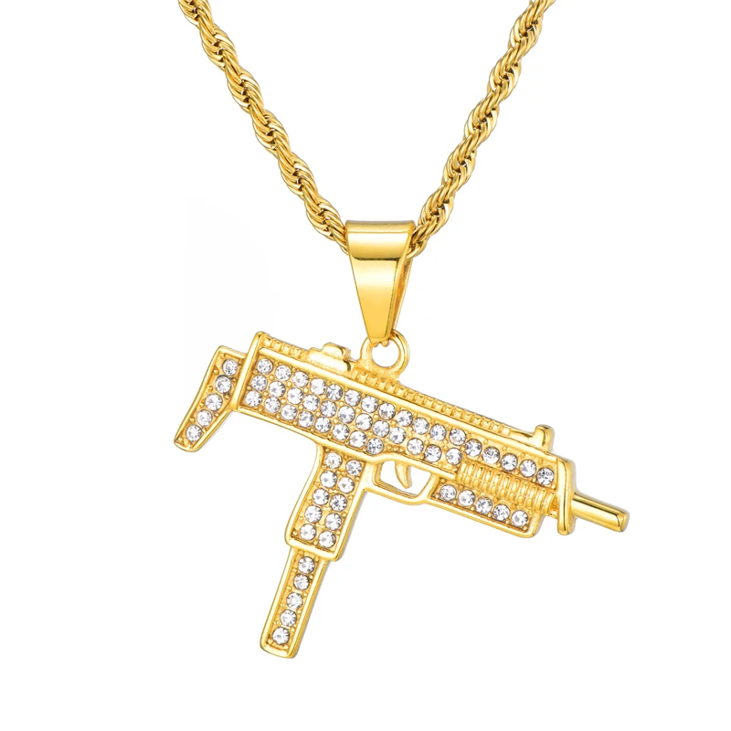 Iced Out Полный Стразы пистолет УЗИ форма кулон ожерелье s Bling Золото Цвет Нержавеющая сталь ожерелье для мужчин хип хоп ювелирные изделия