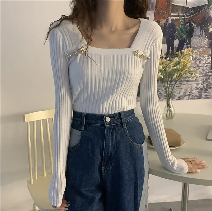 

Женский свитер на весну/осень, Новый Модный повседневный облегающий тянущийся хлопковый однотонный пуловер с длинным рукавом и квадратным ...