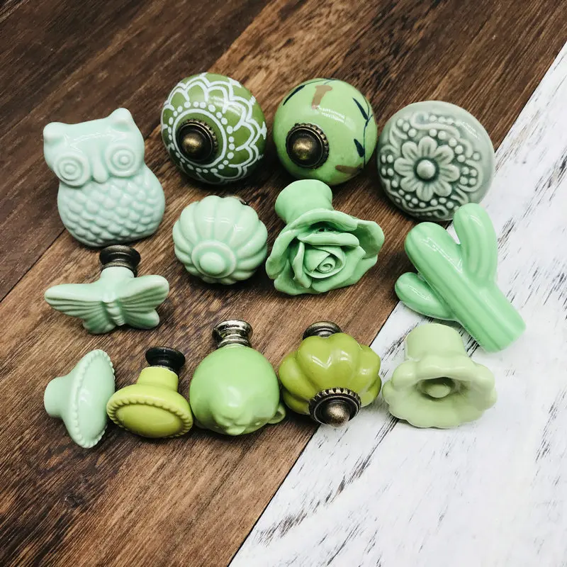 Разные зеленые фарфоровые ручки для ящиков и ручка двери шкафа выдвижная ящика