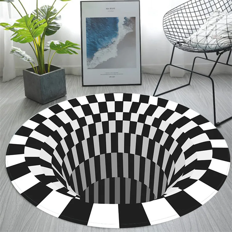 

3D Trap Effect Bottomless Hole Carpet Vortex Illusion Rug Round Black White Grid Room Bedroom Anti-Slip Floor Mats Fashion Rugs