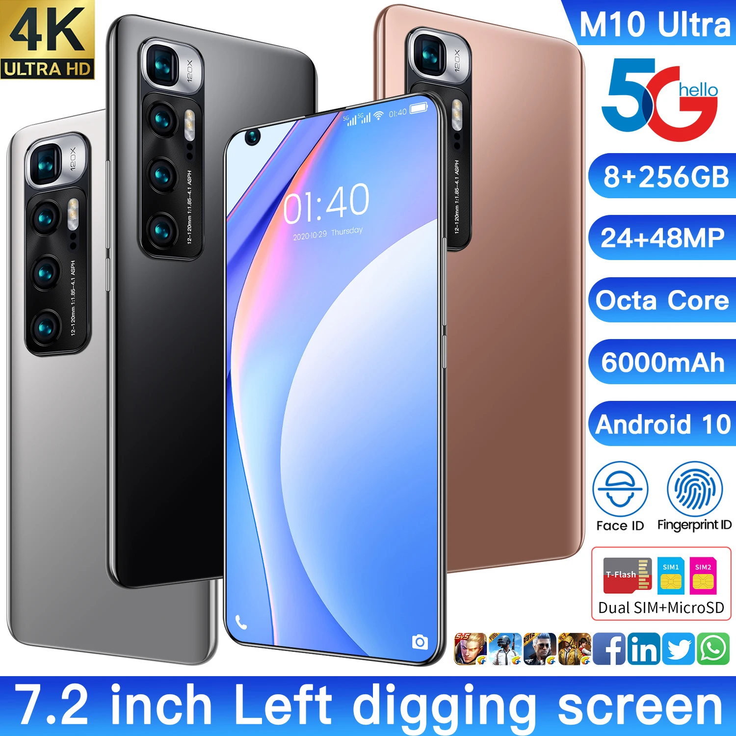

Global Hot Selling M10 Ultra 7.2Inch HD Smartphone 12 512GB Android10 Full Screen 4G 5G Face Fingerprint Unlocked Dual SIM Phone