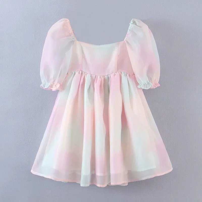 Rainbow Princess Dress For Women Puff Sleeve Square Collar Office Lady Elegant Lovely Fashion Personality Birthday Mini Dress