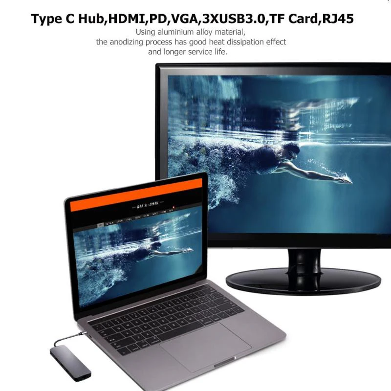 Type C Hub 9 In 1 Usb-C To 4K Hdmi Pd Vga 3Xusb3.0 Tf Card Rj45 Lan Adapter Converter Wire Cable | Компьютеры и офис