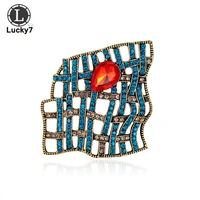 european and american retro alloy grid hollow blue diamond brooches geometric personality corsage clothing accessories pins