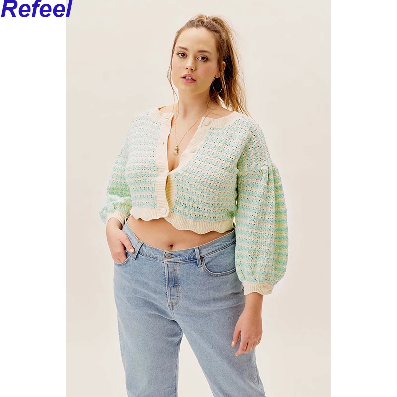 

Women New Fashion Hollow Out Stripe Knitted Cardigan Sweater Vintage V Neck Long Sleeve Short Female Outerwear Chic Tops
