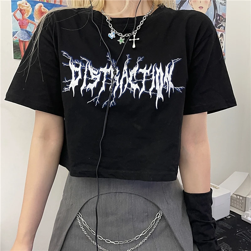 

Punk Goth Women T-Shirts Korean Letter Black Hip Hop Streetwear Top Harajuku Ulzzang Vintage Chic Aesthetic Graphic Sexy Clothes
