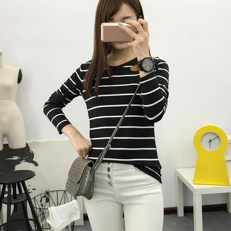 Новая Осенняя модная женская футболка в полоску с круглым вырезом женские