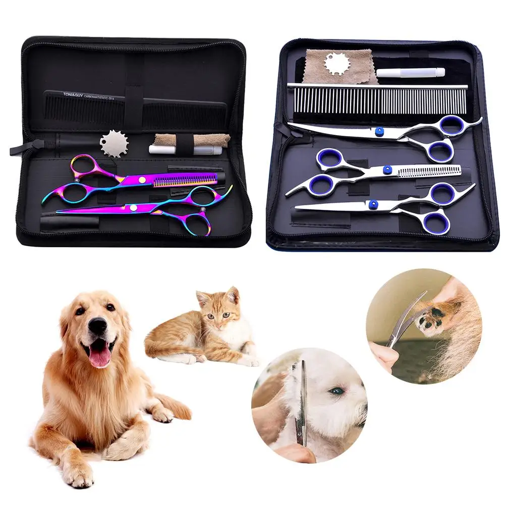 

Pet Dog Grooming Scissors Pet Grooming Trimmer Kit Straight Curved Shears Comb Leather Bag
