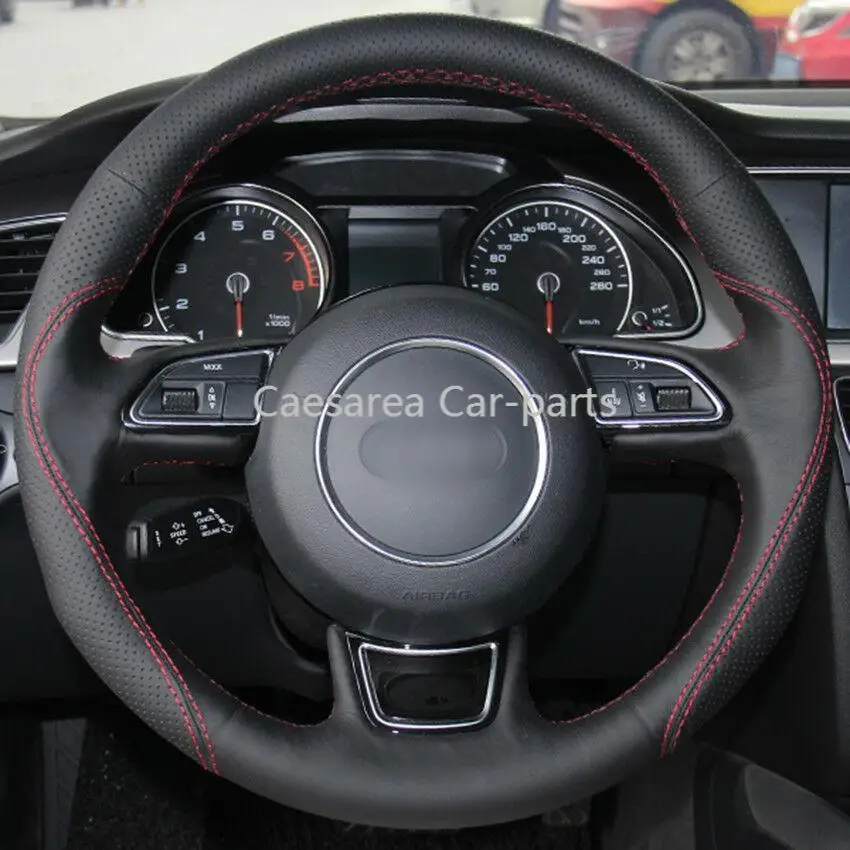 

Black Genuine Leather Red thread Steering Wheel Cover for Audi A4L A1 A3 A5 A7