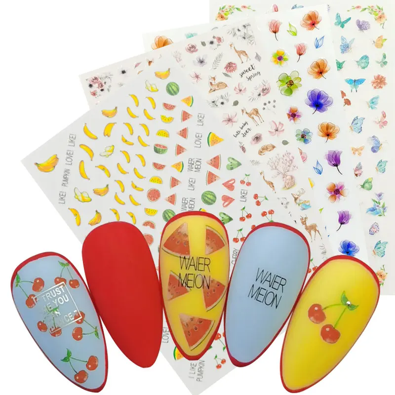 

3D наклейки для ногтей, клейкие обертки, Слайдеры для ногтевого дизайна с фруктами, наклейки с листьями, бананом, арбузом, вишнями, цветами, ук...
