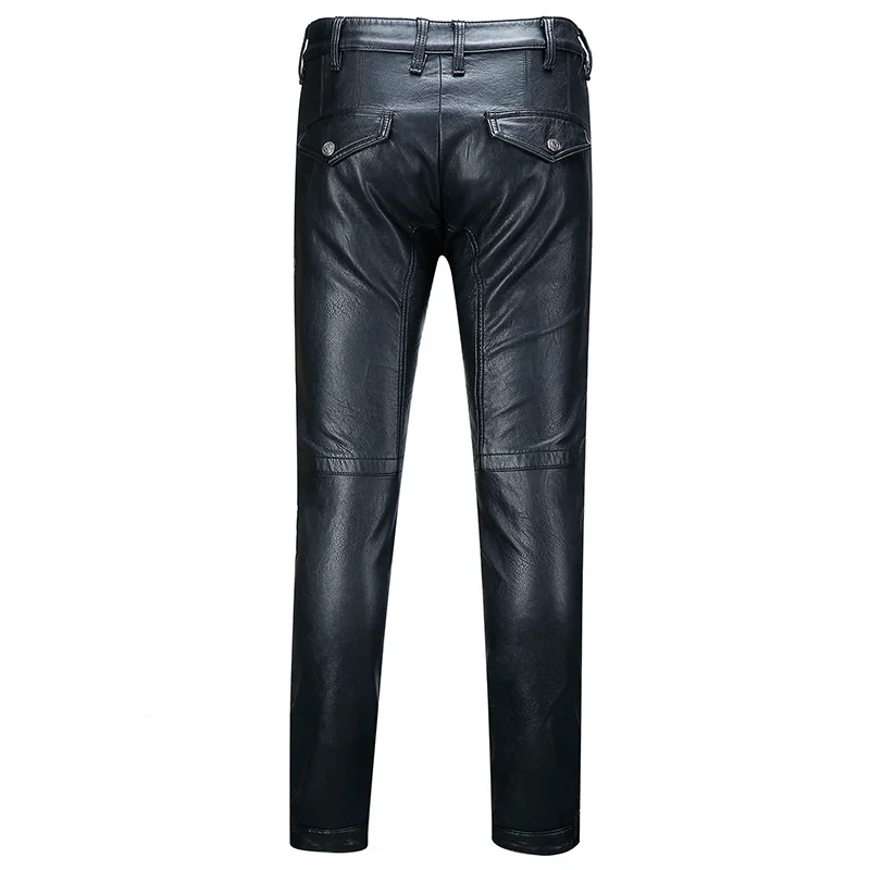 Motorcycle Men Biker PU Leather Pants Street Punk Style Slim Pleated Black Pencil Pants Autumn Winter Warm Casual Trousers