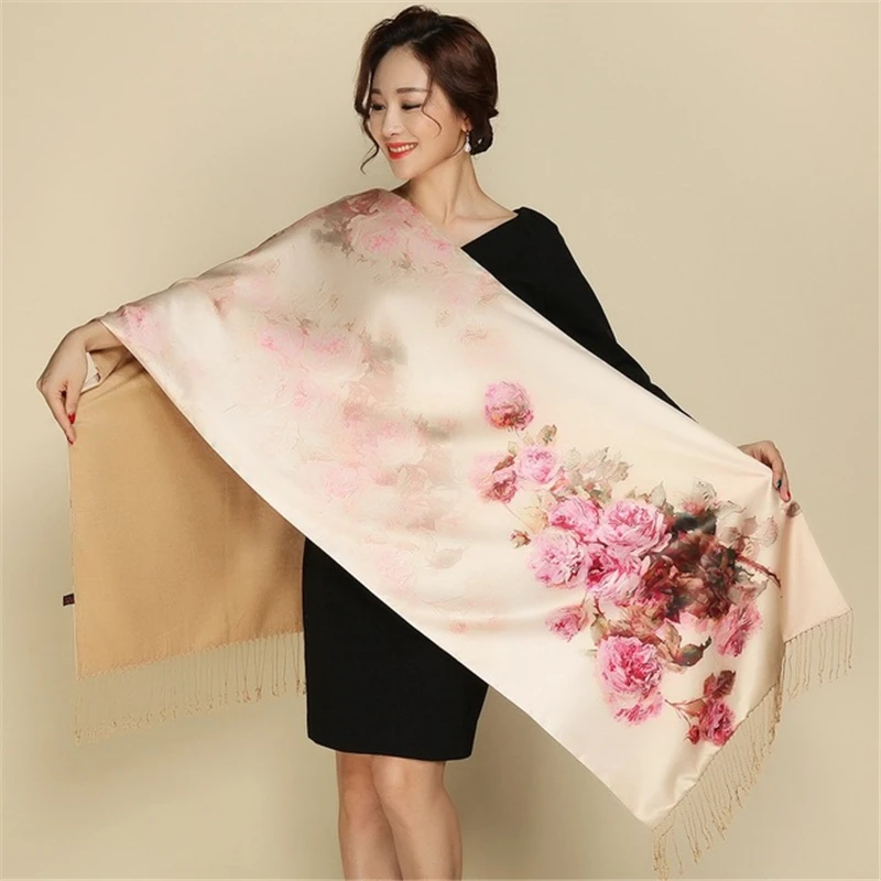 

Silky Scarf Long Soft Scarves Women Winter Brushed Shawls Bandana Female High Quality Print Hijab Wrap Tassel Poncho Cape
