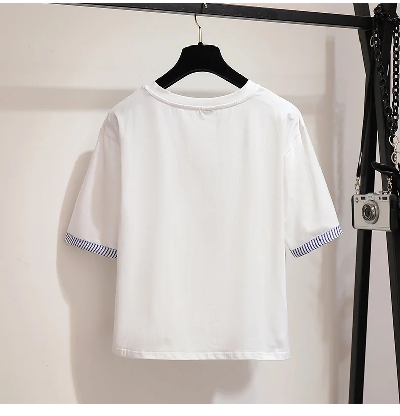plus size Summer wide-leg Pants Suits Female Small fresh Simple Embroidery Patchwork Tshirt and Straight Two-piece sets |