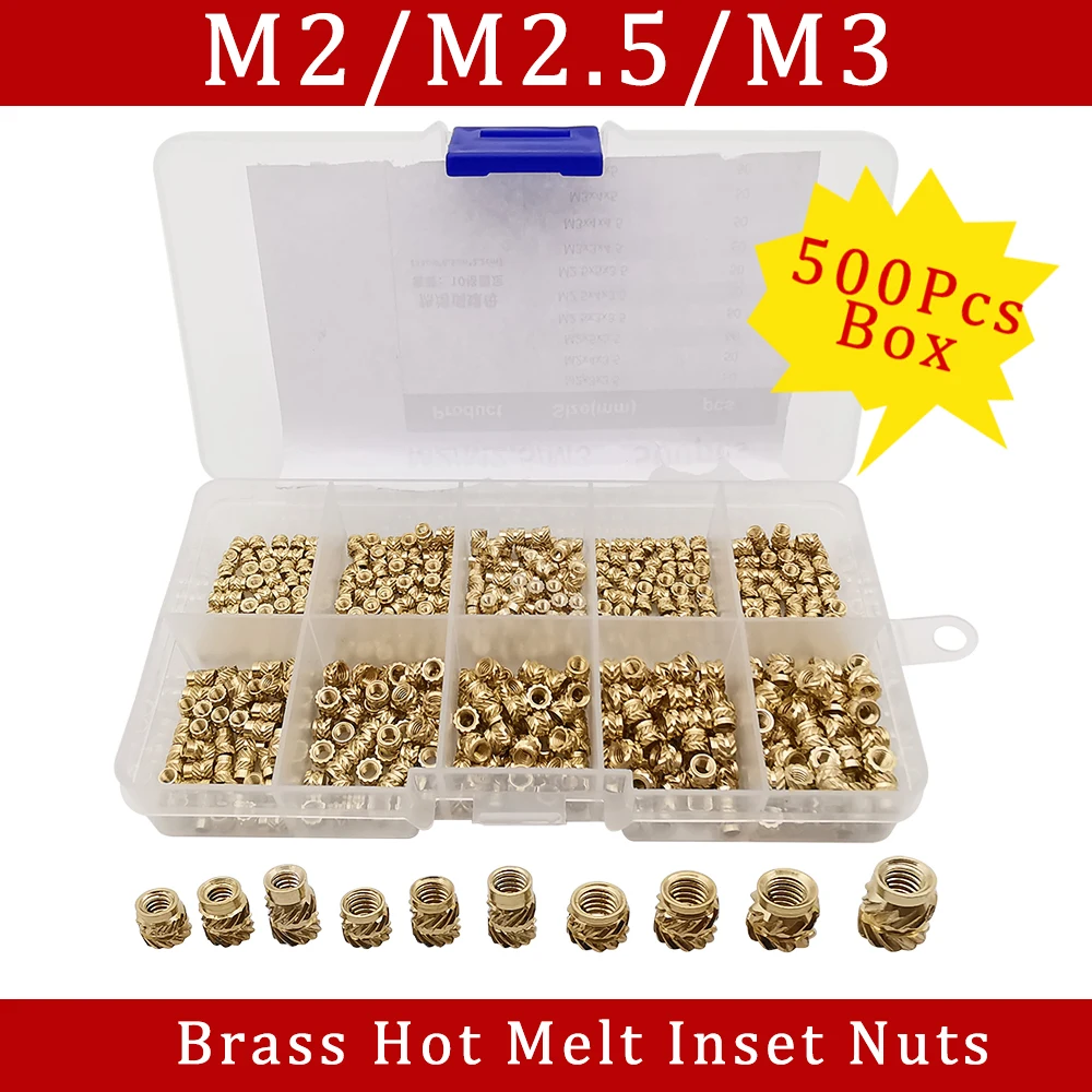 

500Pcs/Box M2 M2.5 M3 M2 Female Hot Melt Inset Nuts Assortment Kits Brass Knurled Nuts Insert Knurled Injection Threaded Inserts