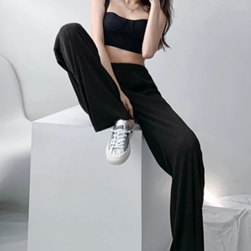 

Elasticity Solid Waist Pleated Trousers Woman High Waist Plus Size Straight Pants Female Simplicity Black Wide Leg Pants Women