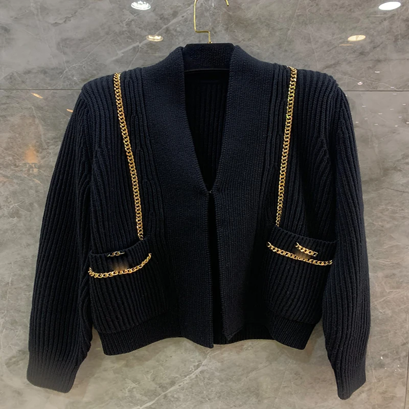 

2021 Autumn Winter High Quality Copper Chains Long Sleeve Black White Knitted Wool Cardigans