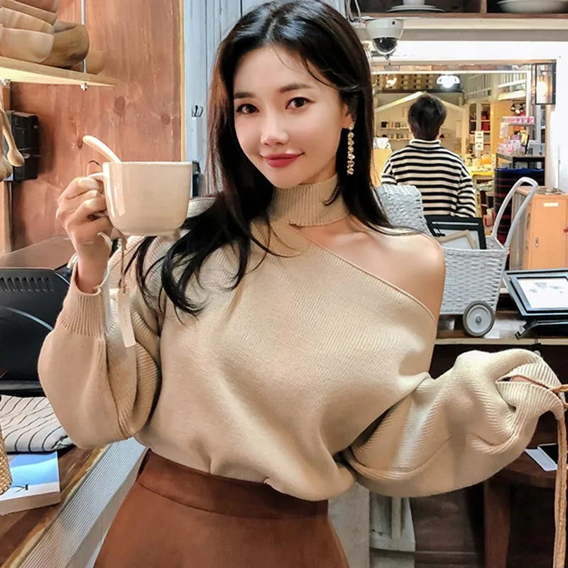 New fashion Female Off-shoulder halter Slim Bottom Sweater Solid Color Loose Split Long-Sleeved Autumn Winter Women