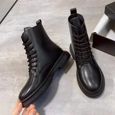 

2020 Winter Fashion Women's Boots Lace Up Casual Boots Round Head Women's Martin Boots Black Mid Heel Square Heel PU Women Shoes