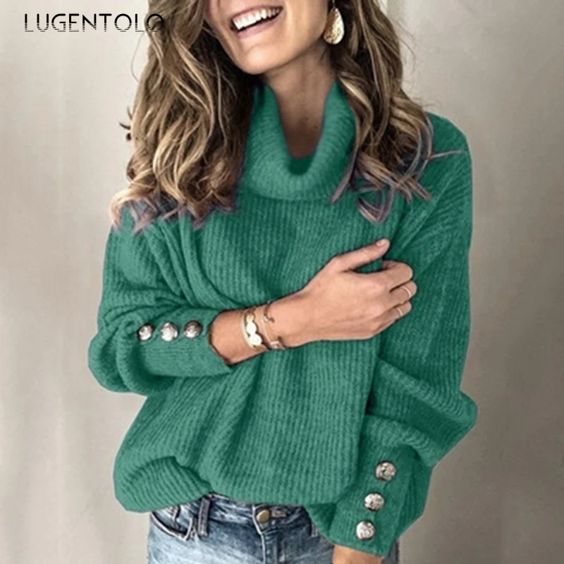 

Lugentolo Women Knitted Sweater Turtleneck Solid Color Autumn Long Sleeve Button Casual Female Bottoming Sweater Plus Size 5XL