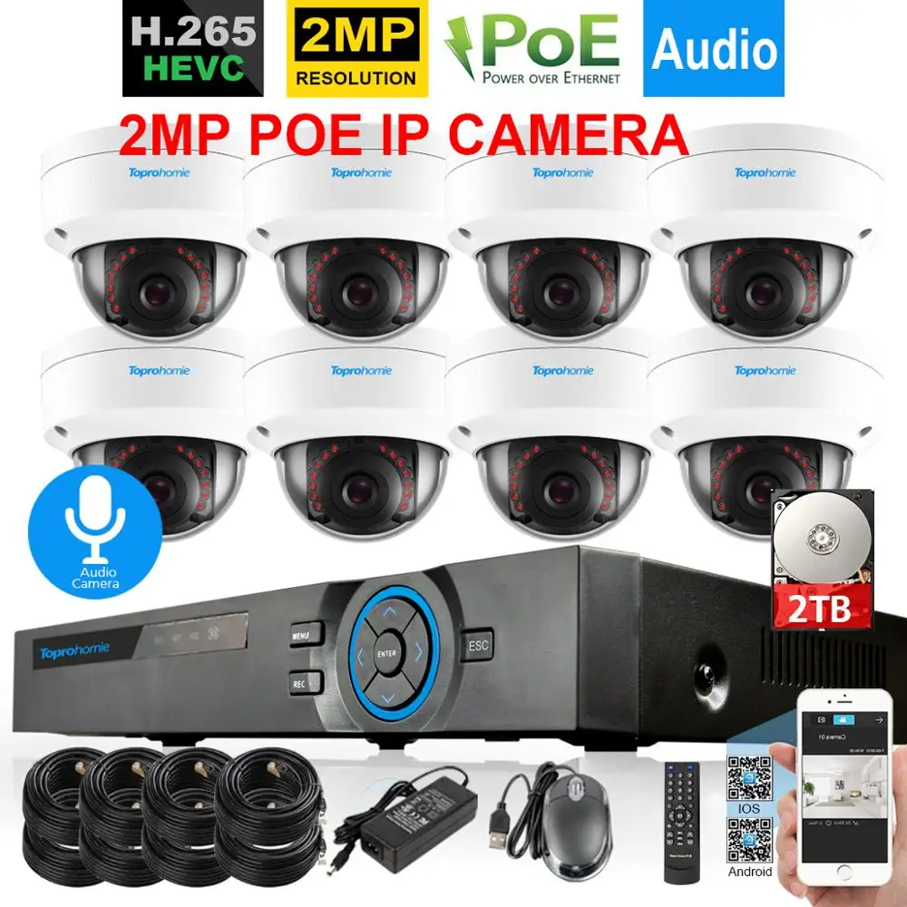 TOPROHOIME H.265+ 8CH POE NVR комплект 48 В 2MP 1080P VandalProof аудио запись звук камеры безопасности 2MP камера ночного видения