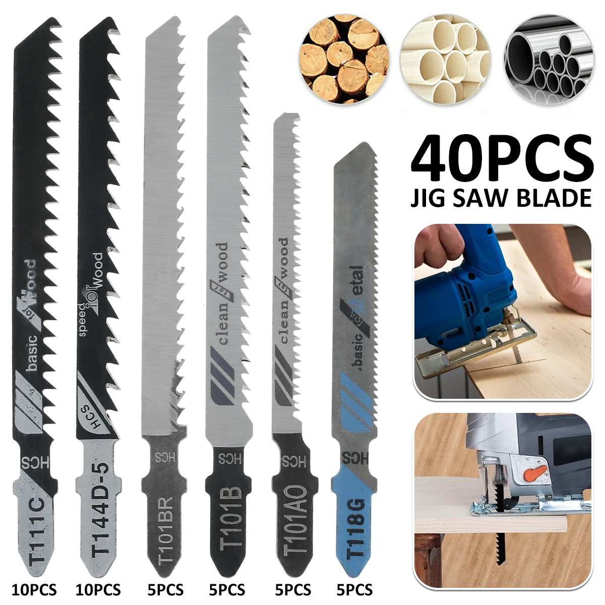 

40Pcs Jig Saw Blade Jigsaw Blades Set Metal Wood Assorted Blades for Wood ,metal Cutting T144D/T101B/T111C/T118G Power Tool Saw