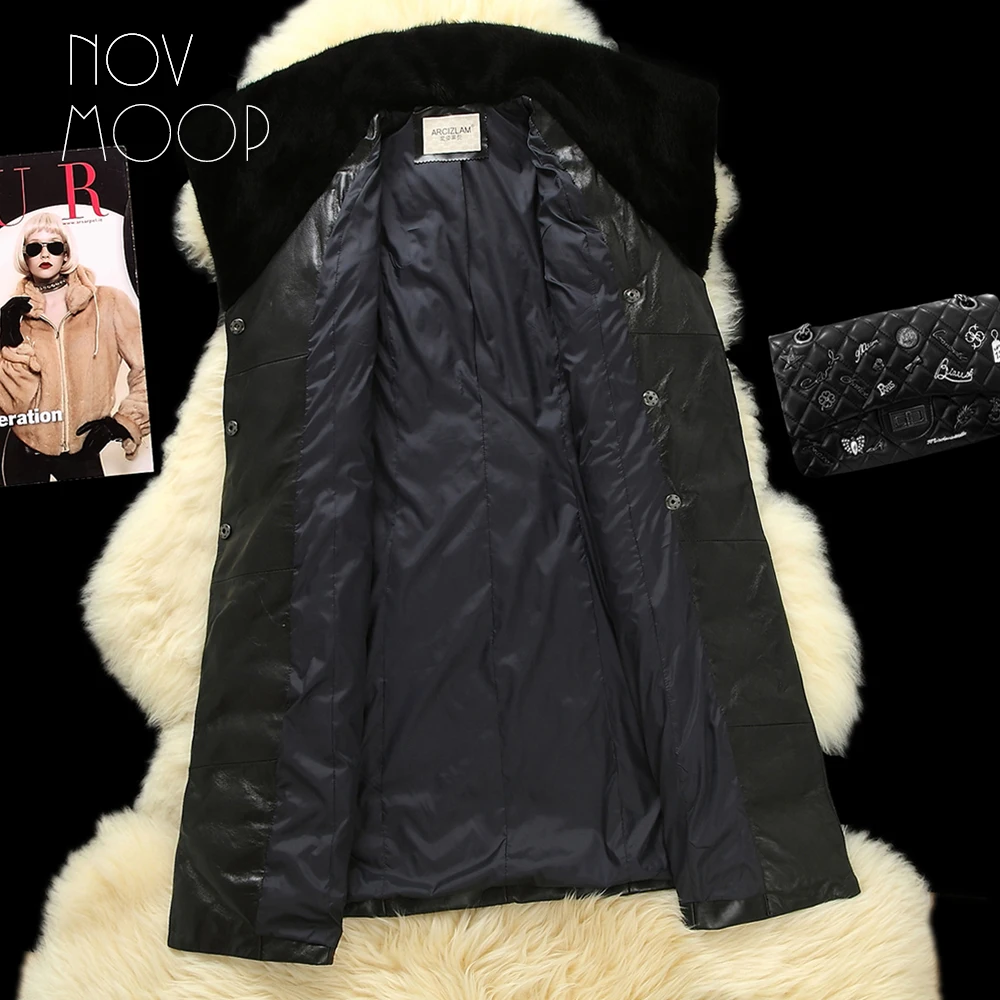 Novmoop офисный Женский Черный пуховик выше колена с воротником из меха норки и