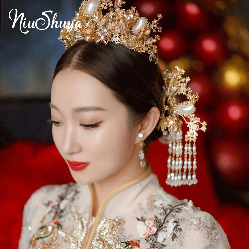 

NiuShuya Chinese Bride Xiuhe Headdress Luxurious Phoenix Classical Wedding Stage Show Clothing Hair Accessories