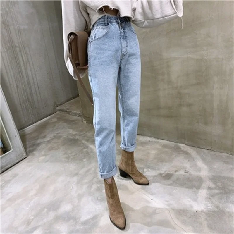 

Korean Women's Jeans Streetwear Ladies Slouchy Jeans Denim High Waist Cotton Vintage Pencil Pants 2021Summer Jeans