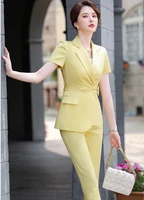novelty yellow summer short sleeve women formal business work wear suits with pants and jackets coat ladies blazers pantsuits
