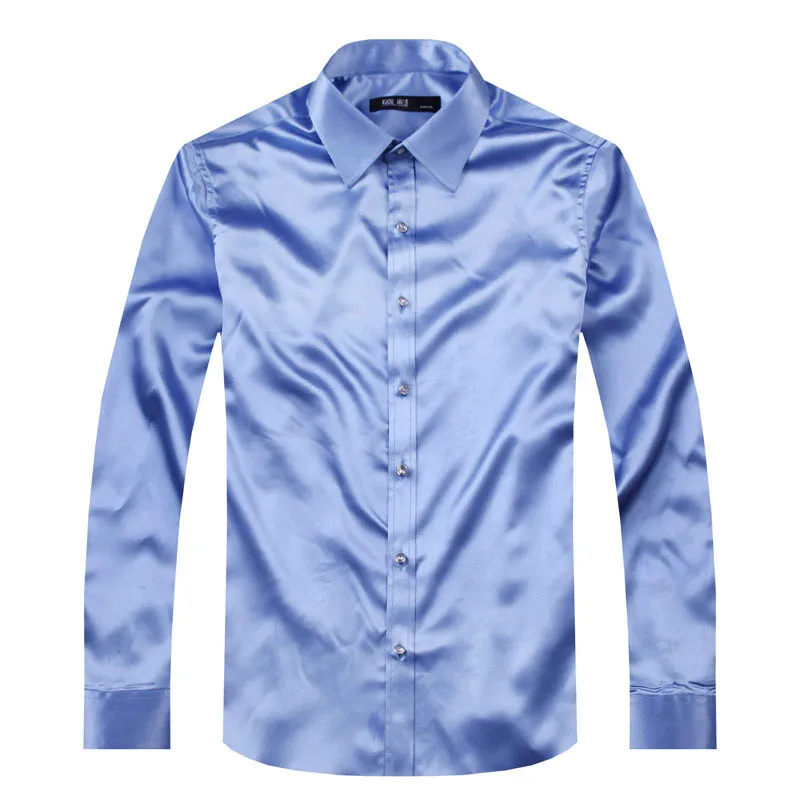 

Fashion Shiny Silky Satin Dress Shirt Luxury Silk Like Long Sleeve Mens Casual Shirts Performance Stage Wear