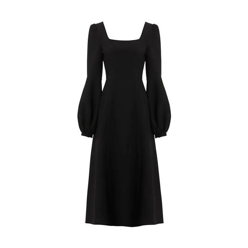 

2021 Black Retro Split Dress Women Elegant Midi Designer Dress Female Long Sleeve Hepburn Style Chiffon Vintage Dress